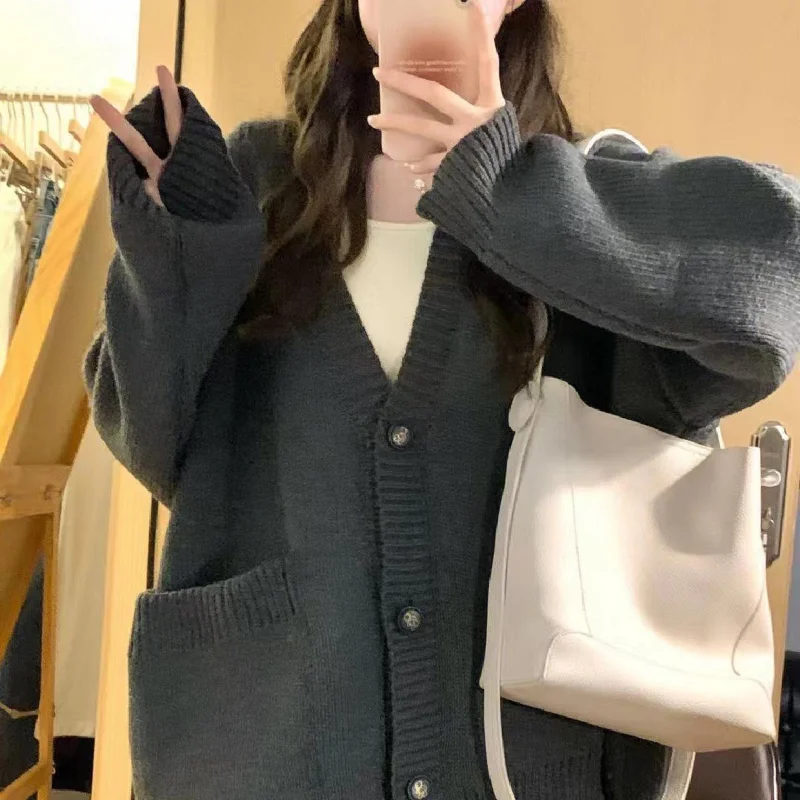 Cardigan Sweaters Women Baggy Sweet Knitwear Japanese Dark Gray Korean Fashion Кардиган Женский College Preppy Minimalist Casual