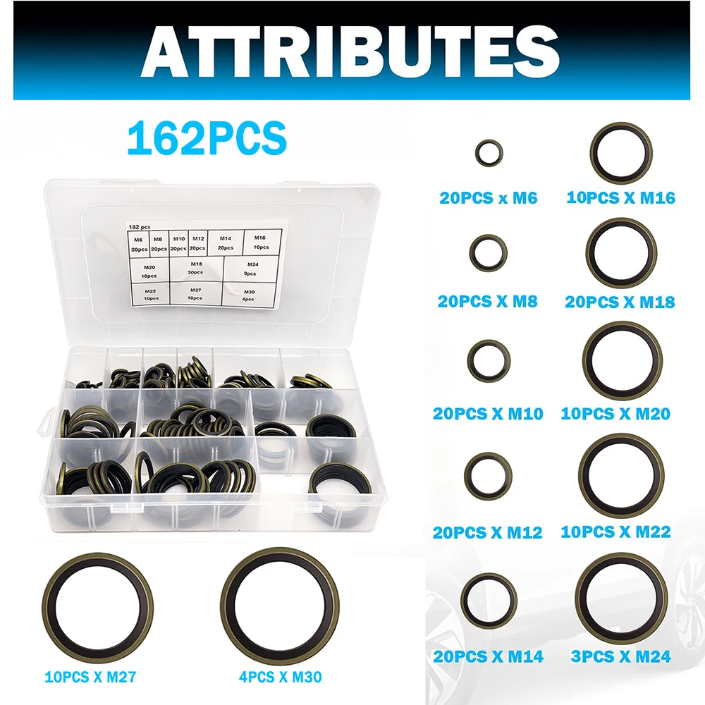 162PCS NBR Metal Bonded Sealing Washers,Oil Drain Plug Gasket AssortmentHydraulic Oil Pipe Seal Gasket Washer, M6 to M30