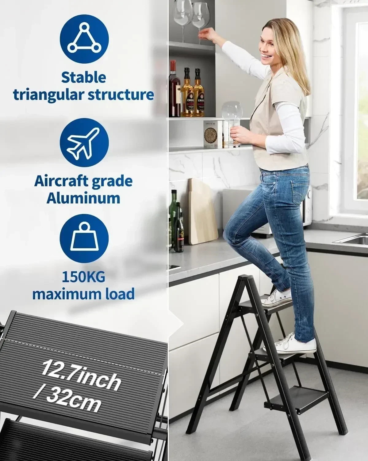 Aluminium 2-3-4 Step Ladder, Lightweight Step Stool w/ Non-Slip Pedals,Foldable Step Ladder for Kitchen Garage Home Space Saving