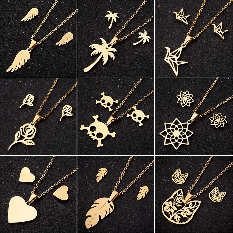 Stainless Steel Lotus Flower Cat Jewelry Set for Women Girl Skull Crane Feather Pendant Necklace Stud Earrings Gifts Wholesale