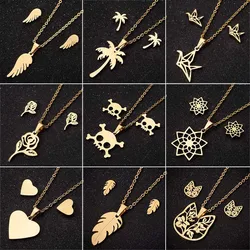 Stainless Steel Lotus Flower Cat Jewelry Set for Women Girl Skull Crane Feather Pendant Necklace Stud Earrings Gifts Wholesale