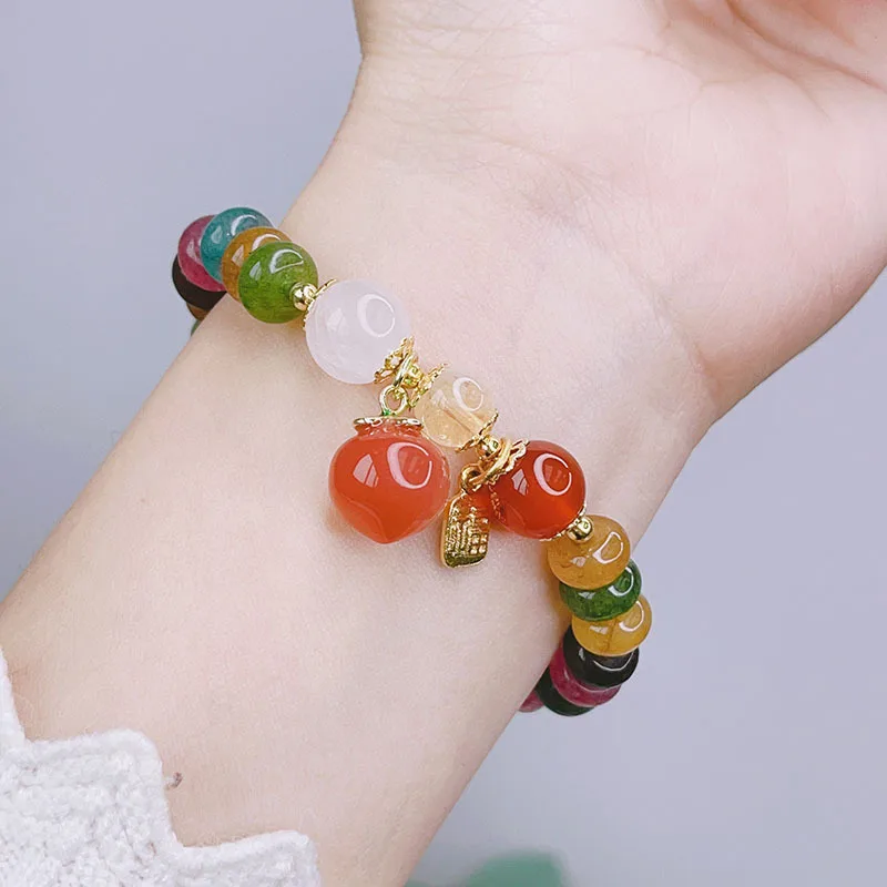 New Style Imitation Tourmaline Bracelet Women's Artistic Retro Color Yanyuan Agate Peach Small Drip Bracelet Bracelet