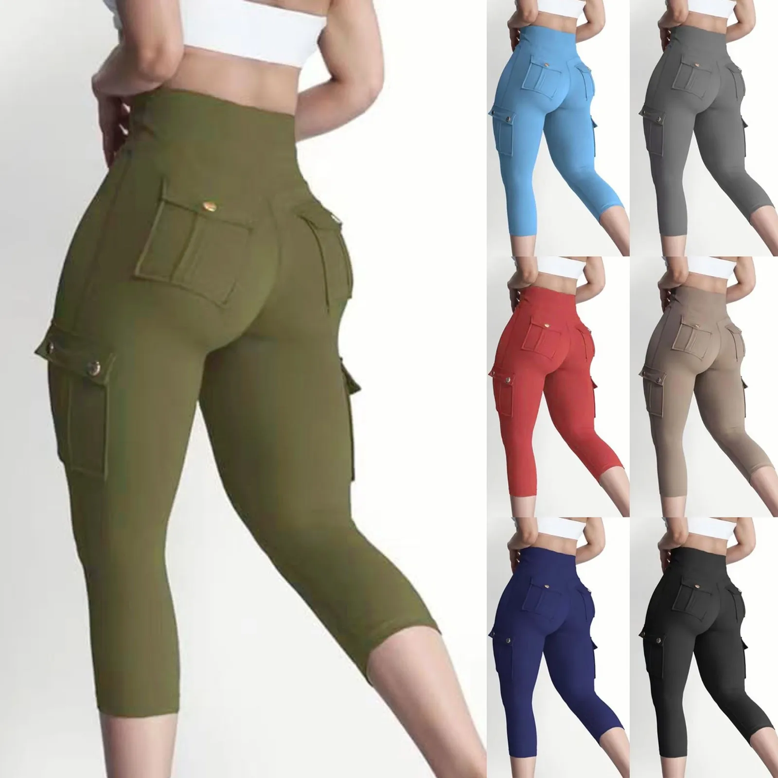 Butt Lifting Legging Dames Casual Hoge Taille Effen Kleur Cargo Legging Zomer Workout Strakke Fit Yogabroek Met Zakken 2024