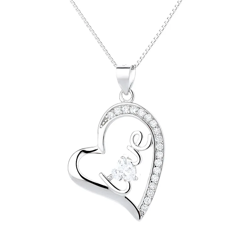 

S925 Women's Heart-Shaped Sterling Silver Letter 'Love' Pendant Necklace