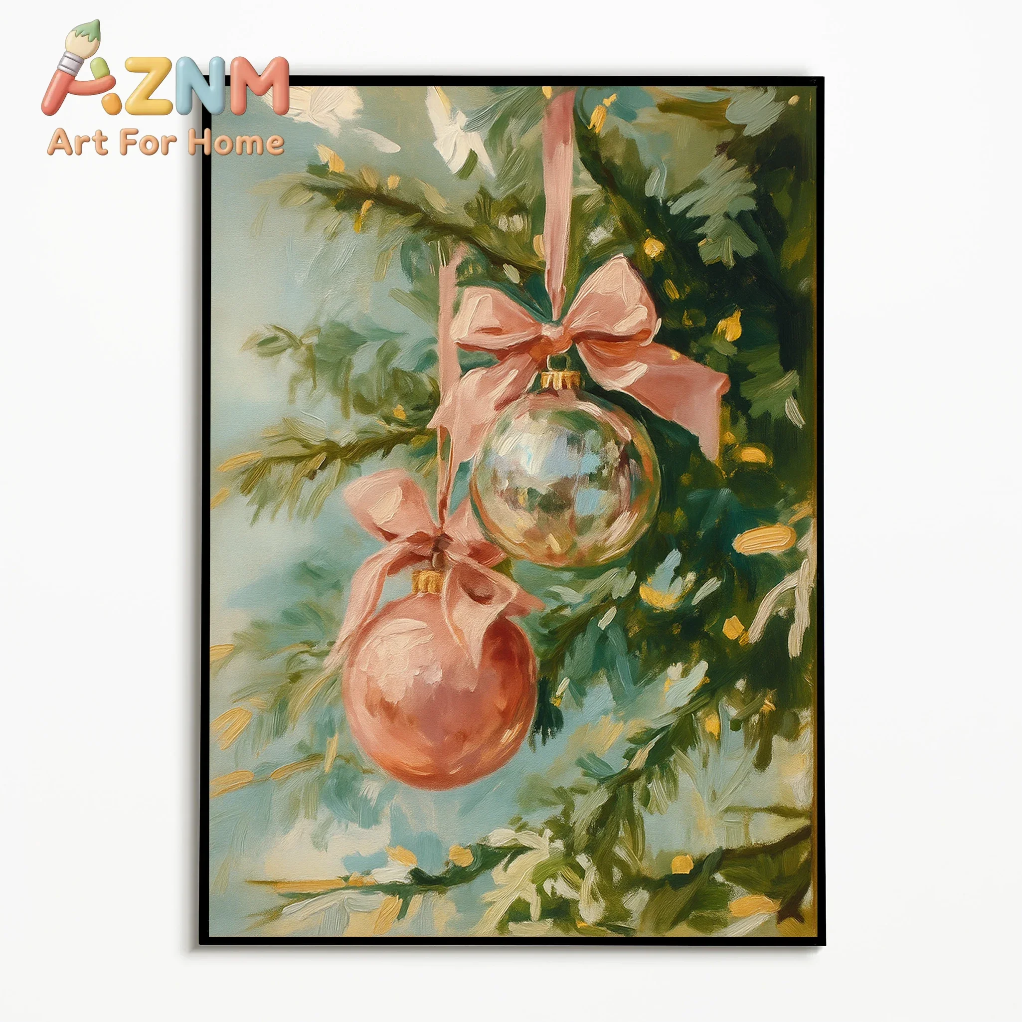 1PC,Watercolor Wall Art Christmas Baubles Pine Branch Posters Winter Canvas Painting Cozy Room Wall Decor Gallery Wall Prints