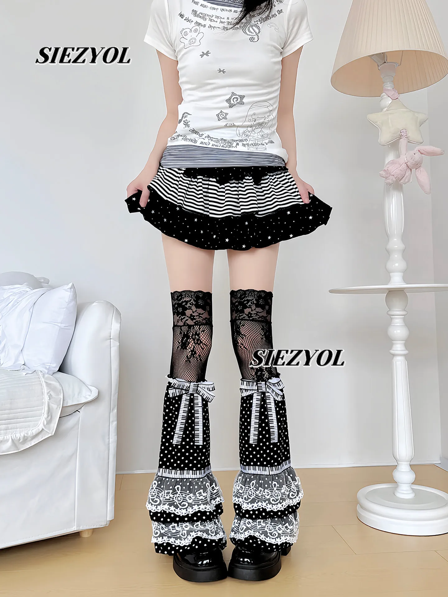 Lolita Floral Polka Dot Print Leg Warmers Sweet & Cute Y2k Black White Color Block Retro Leg Warmers Lace Thigh Socks