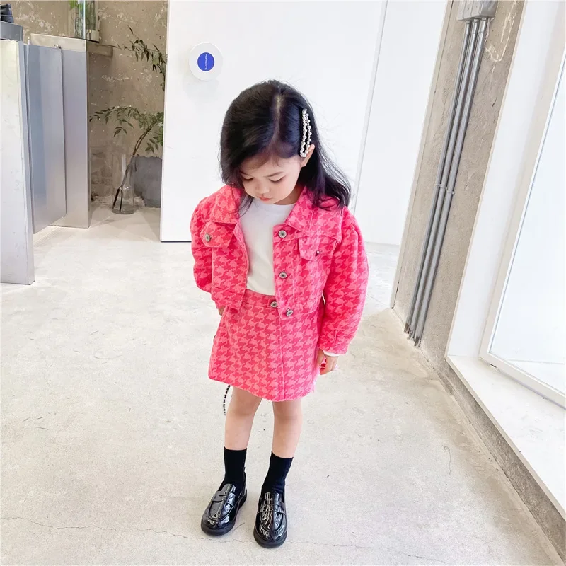 Two Pieces Korean style Girl Clothes Pink Plaid Single Breasted Jeans Jackets Coats Hip Wrapping Skirts Children's Sets