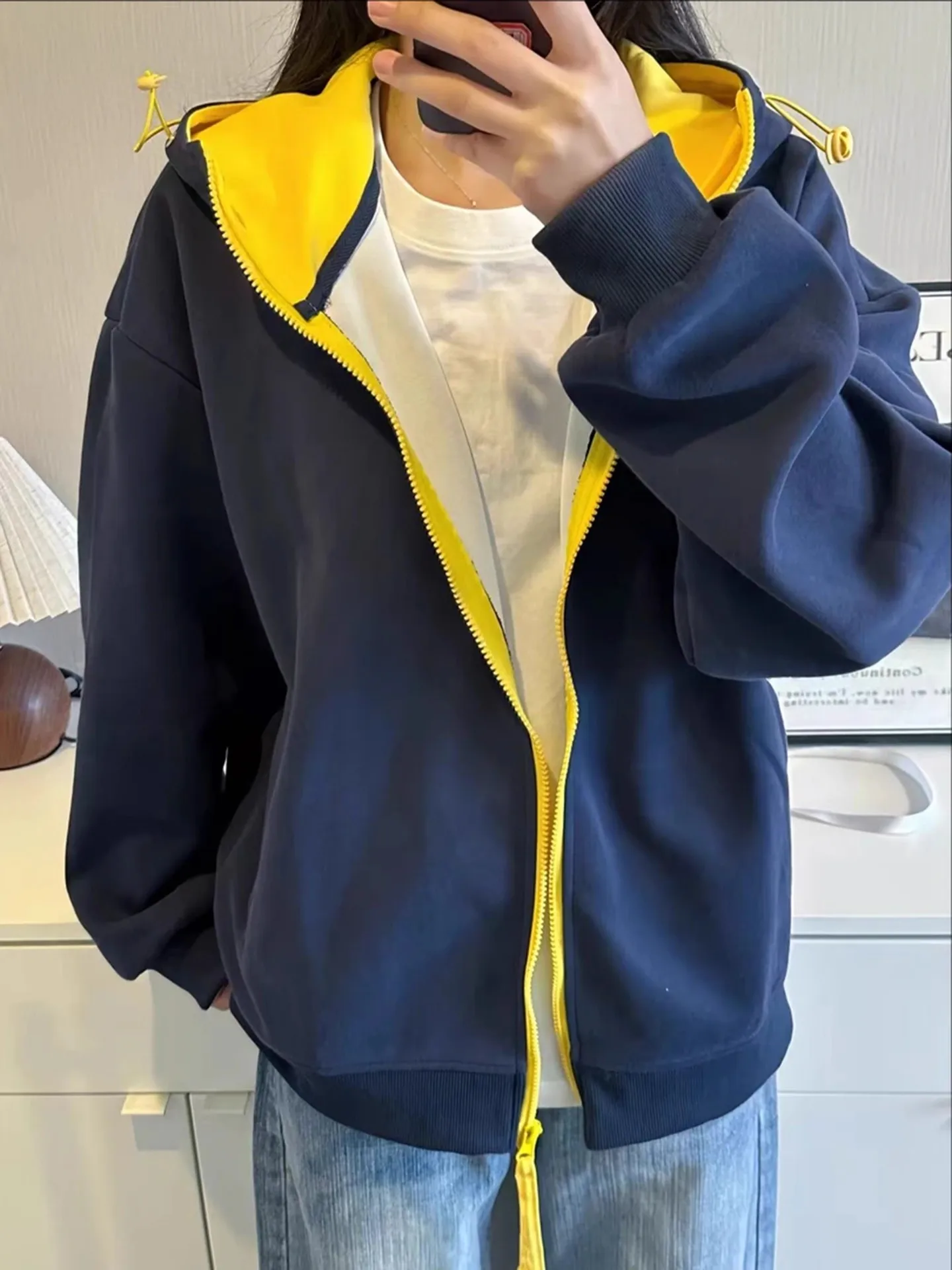 

Кобальтово-синий открытый кардиган на молнии, толстовка для мужчин и женщин, осенний американский тяжелый вес, ленивый цвет, блузка с капюшоном для пары, дэт