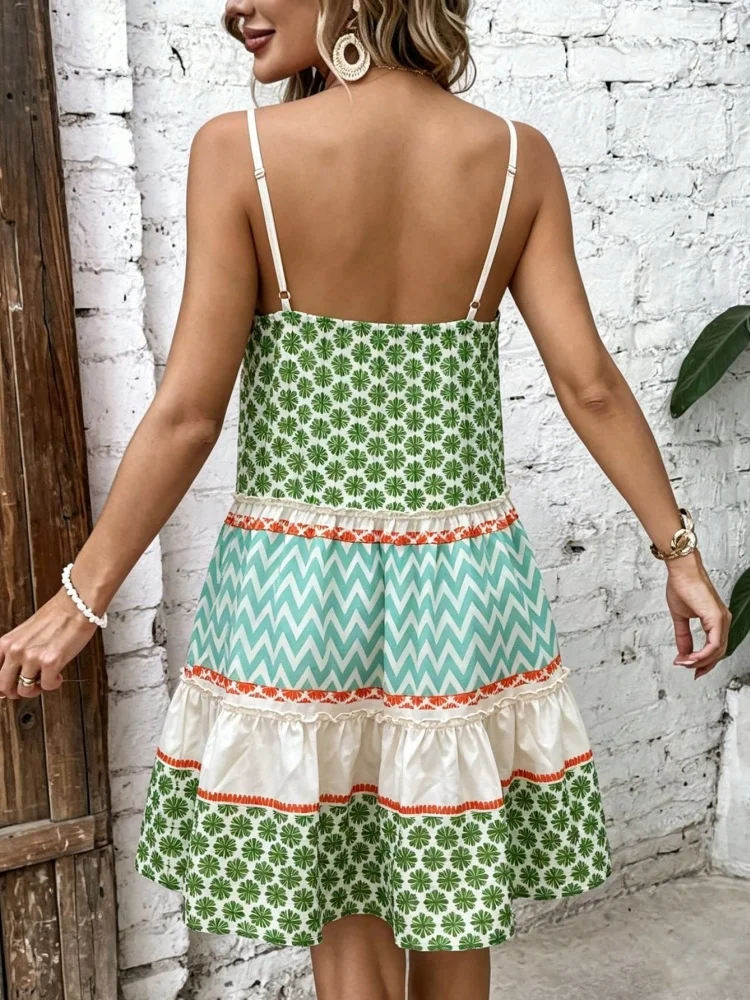 Elegant V-neck sleeveless A-line printed pleated dress, beige tone, bohemian style for summer vacation, loose casual wear with r - view 2