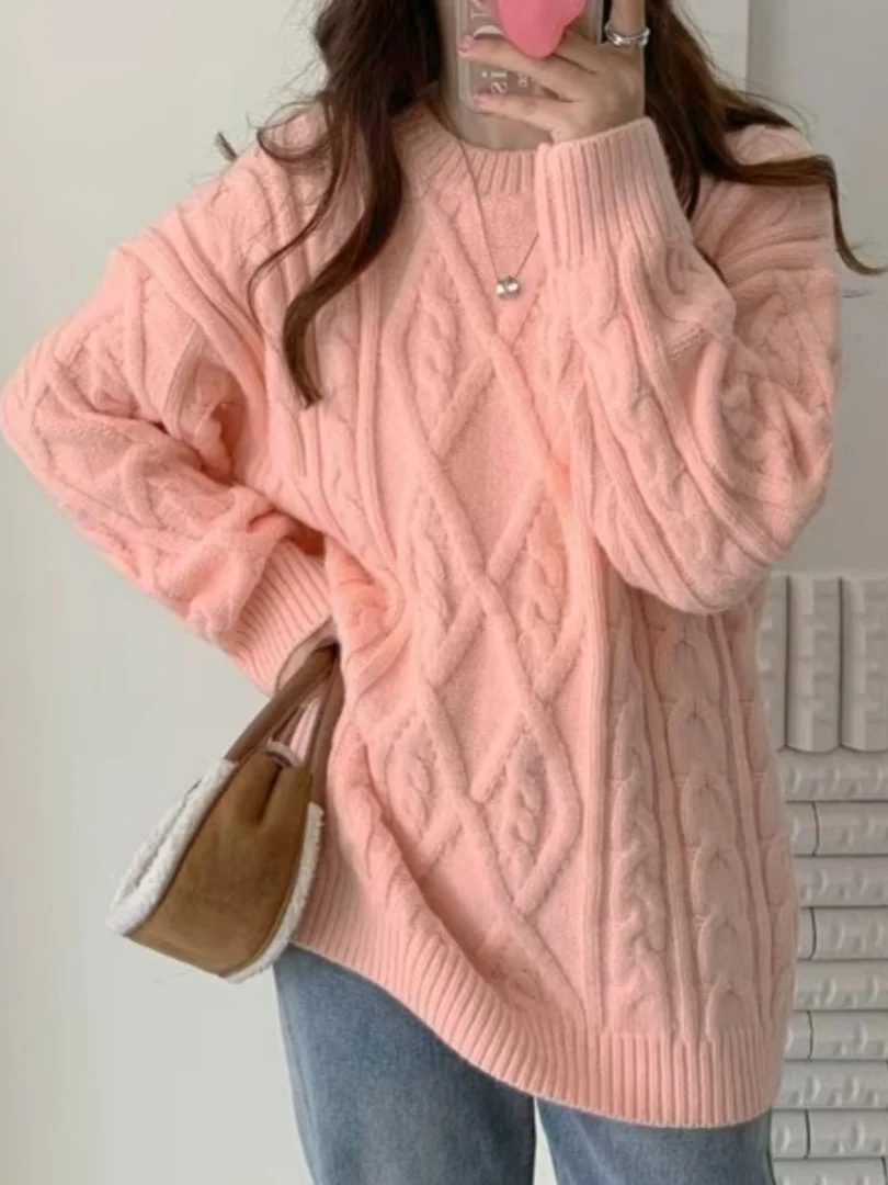 

Loose Korean Sle Women's Knitwear Autumn Winter Twist Sweater Casual Slimming Lazy Sle Overhead Long Sve round Ne