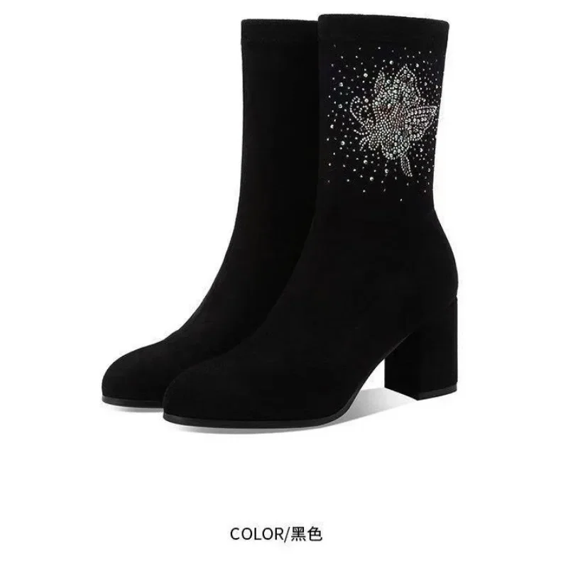 Quente strass design moda sapatos femininos 2024 camurça preta botas elásticas clássico dedo do pé apontado senhoras sapatos de salto bloco