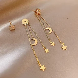 New Fashion Star Moon Tassel Drop Earrings for Women Rhinestone Stars Long Chain Earrings Girls Party Daily Jewelry Accessories