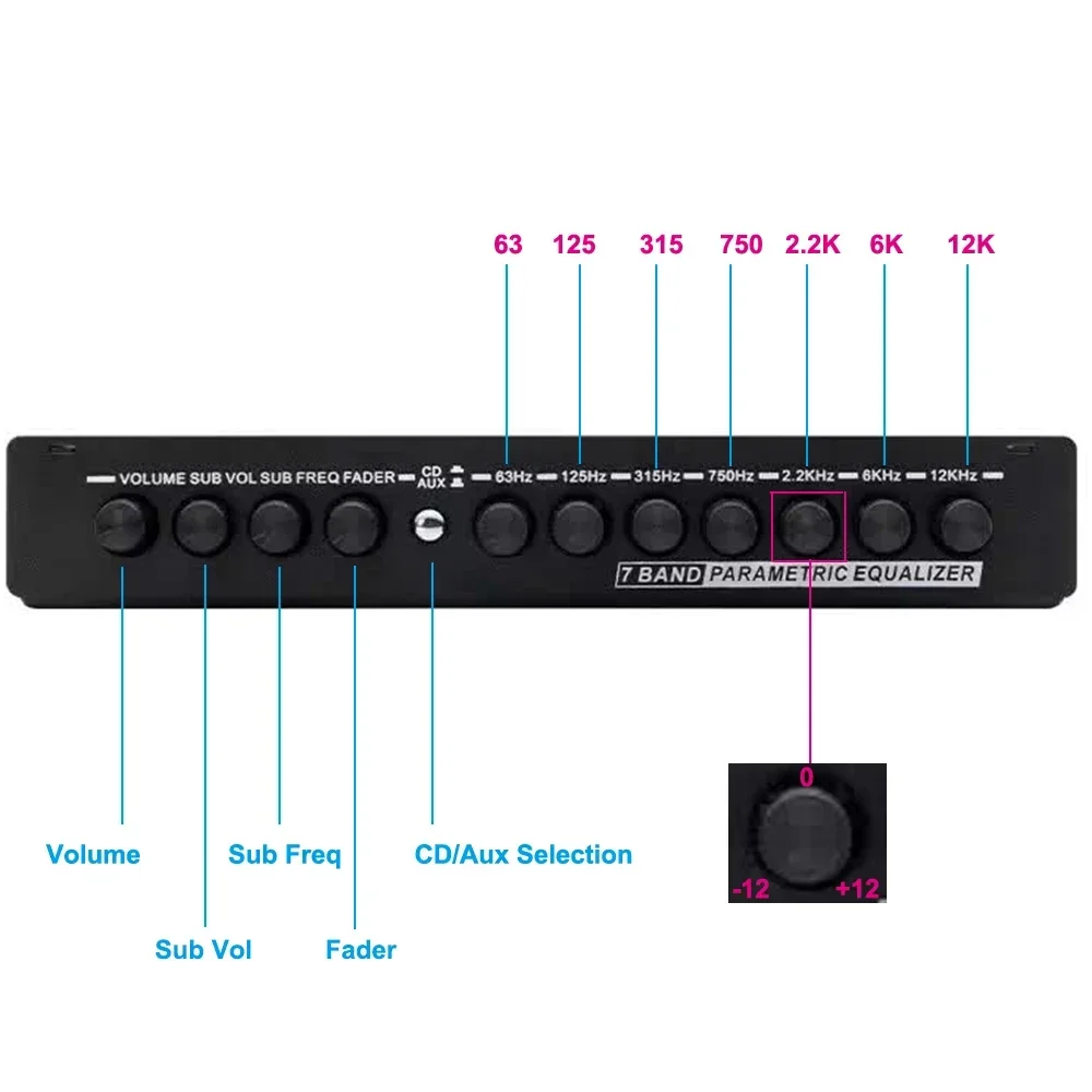 7 Band Car Equalizer Audio EQ Tuning 63 / 125 / 315 / 750 / 2.2K / 6KHz  Crossover Amplifier Parametric Car Audio Preamplifier