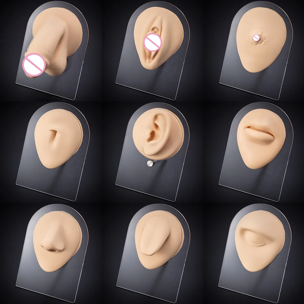 Modèle d'oreille en Silicone, 1 pièce, pratique du tatouage, affichage de la partie du corps, zone génitale, pénis, nombril, lèvres, langue, Piercing, bijoux avec support en acrylique