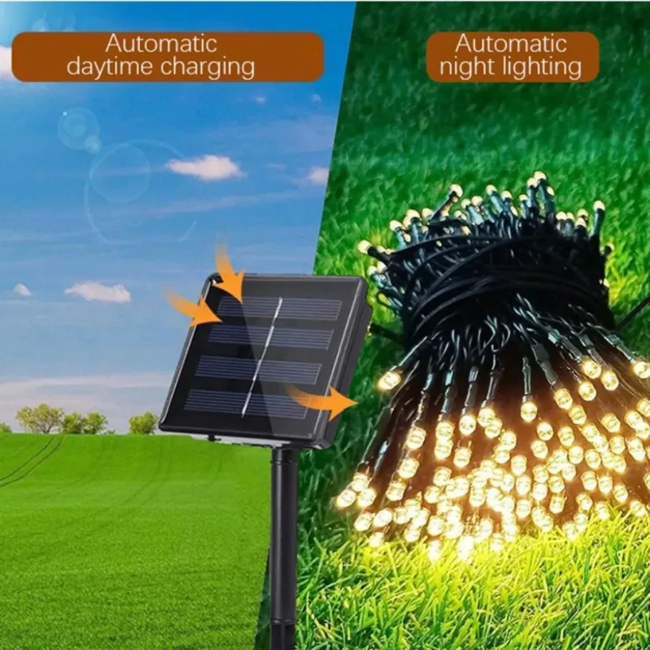 LED سلسلة أضواء الشمسية 8 طرق 300LED تعمل بالطاقة الشمسية أضواء عيد الميلاد في الهواء الطلق 32 متر أطول مقاوم للماء أضواء عيد الميلاد الجنية المرصعة بالنجوم