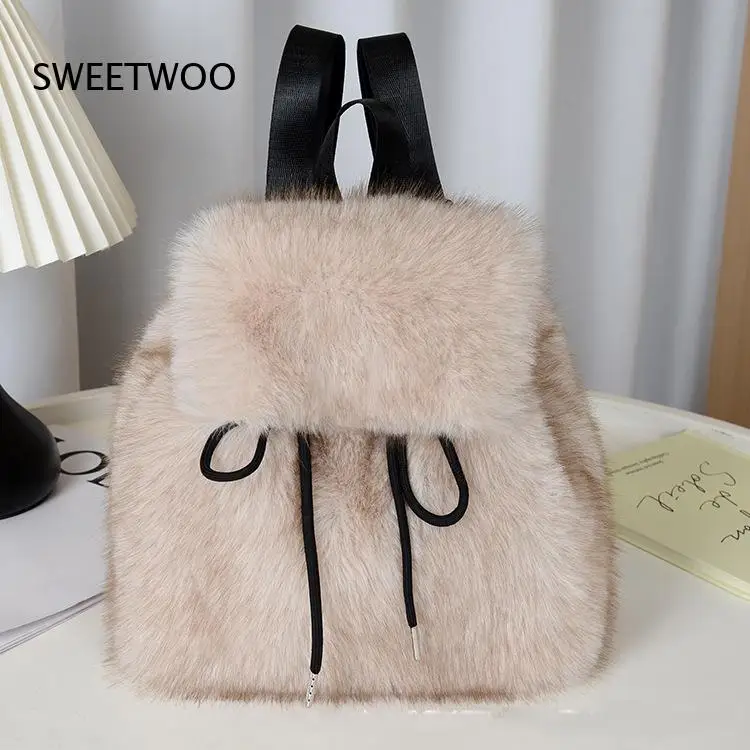 Ladies Winter Plush Backpack Soft Faux Fur Drawstring Closure Flip Cover Fashion Casual Rucksack Lightweight Stylish