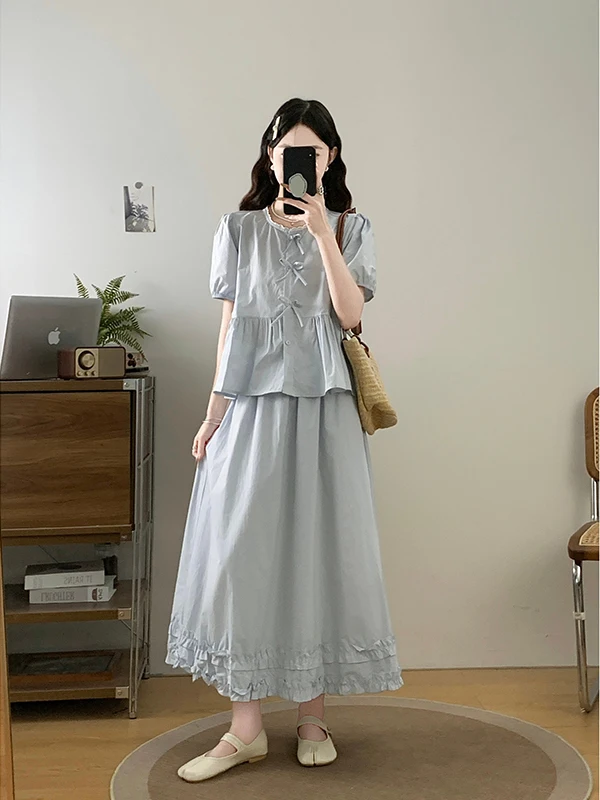 

plus Size Knot Shirt And Skirt Set Sweet Summer Outfit for Women Short Sleeve round Neck Commute Style Two Piece Set