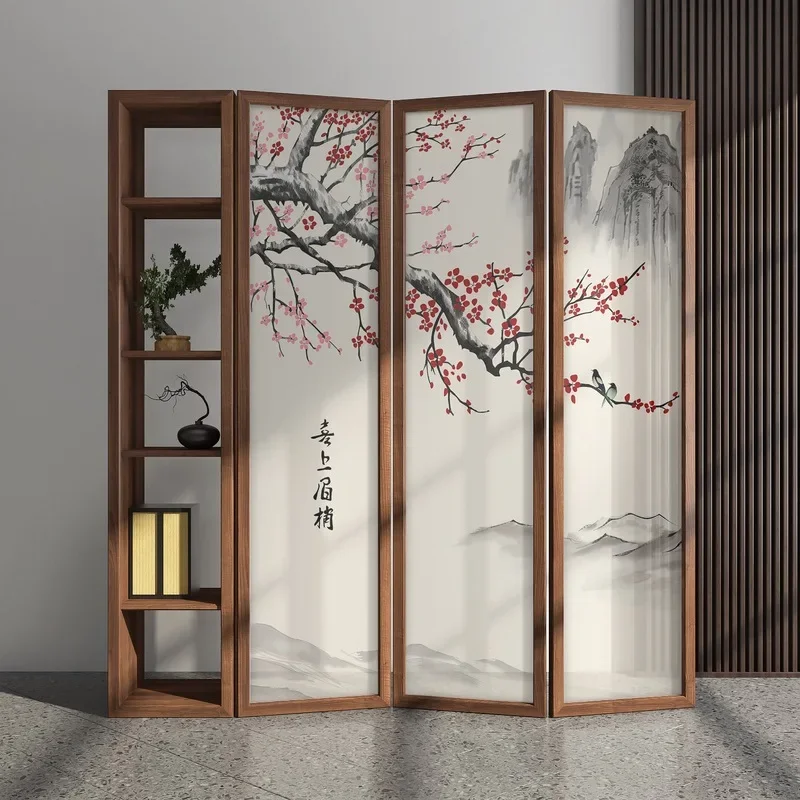 Medieval flower and bird landscape folding screen household combination locker screen integrated movable partition tea room stud