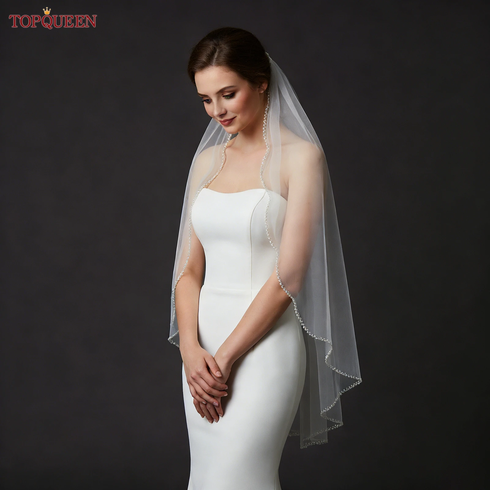 Topqueen v35 véu de noiva com pérolas, camada única, borda de contas, comprimento do cotovelo, elegância, véu de cabeça, doce, veu, alta qualidade