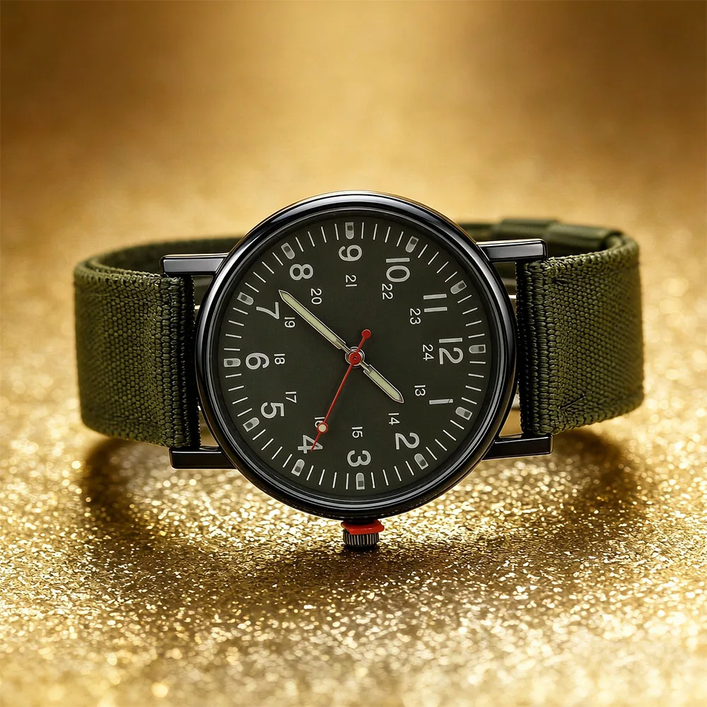 Fashion Army Green Nylon Strap Quartz Watch for Women Men Large Face Casual Wristwatch Student Leisure Gift for Boy Girl