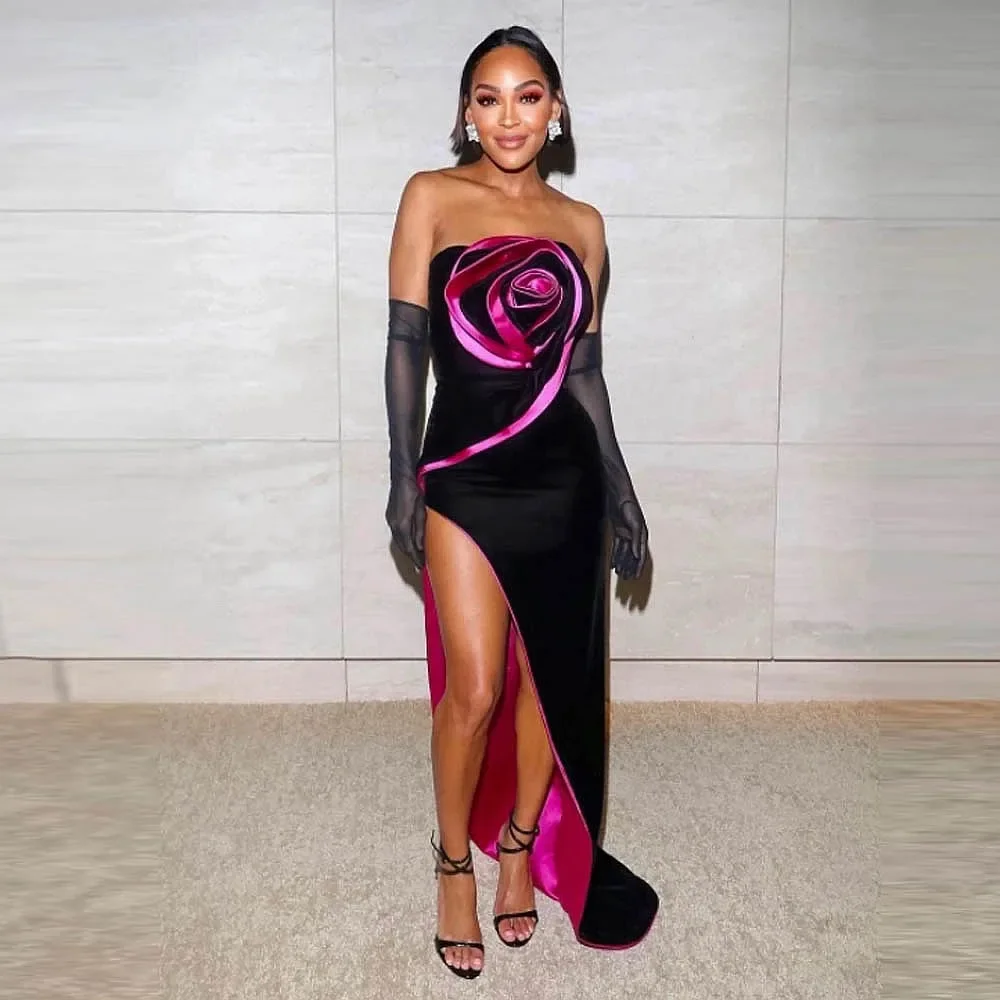 Patchwork Mermaid Prom Dress Rose Flowers Strapless High Slit Birthday Party Gowns Floor Length Sexy Girls Party Dresses
