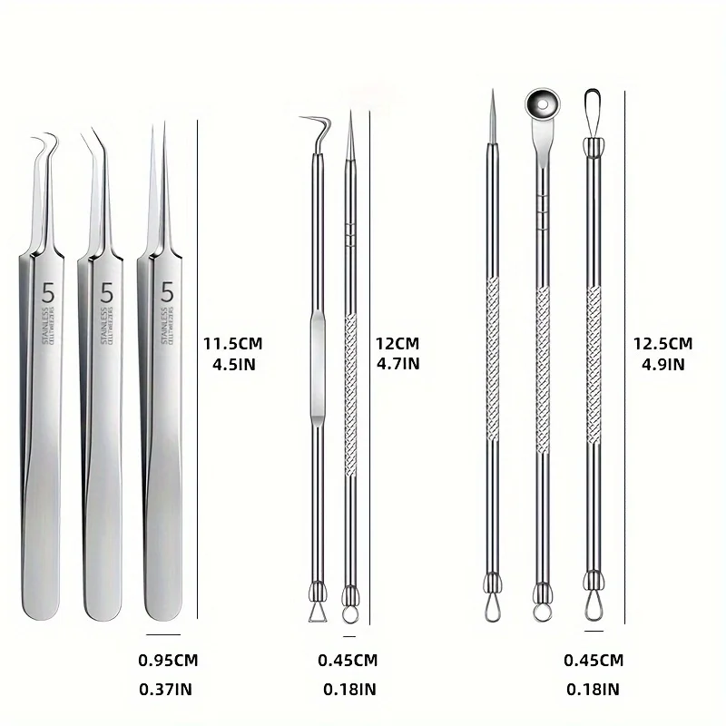 Ensemble d'outils d'élimination des points noirs en acier inoxydable, pince à points noirs, pincettes, dissolvant de points noirs du visage de beauté, outil d'aiguille d'acné 8 pièces