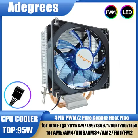 CPU Cooler 2 Pure Copper Heat-pipes 3PIN/4PIN PWM Cooling Fan Blue Light for LGA 775 1150 1155 1200 1700 X79 X99 2011 AM3 AM4