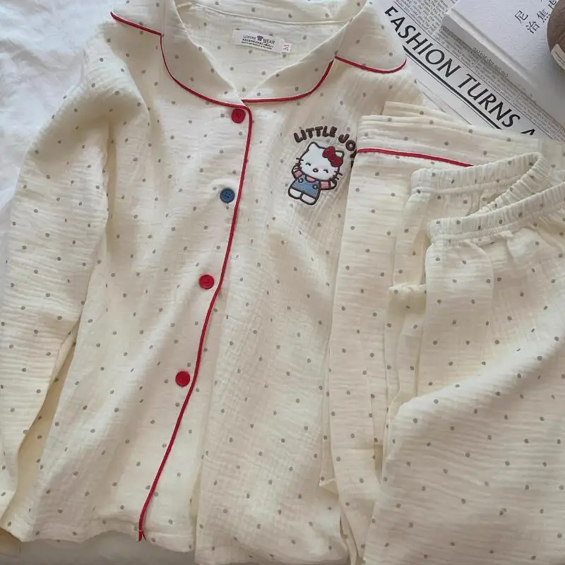 Sanrio Pyjamas, 2-teilig, Hello Kitty, modisch, langärmelig, süßer Stil, Hose, Cartoon-Outdoor-Hauskleidung, Frühlings- und Herbststil