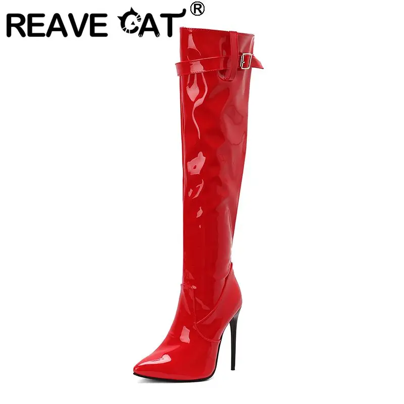 

REAVE CAT Сексуальные женские сапоги до бедра с острым носком на шпильке 12 см на молнии с пряжкой Плюс Размер 46 47 48 Модная вечеринка выше колена Bota