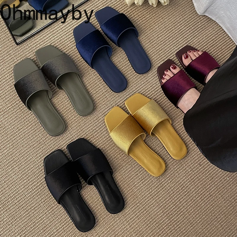 Vintage Velvet Square Toe Women Flats Slippers Concise Lightweight Slip On Slides Outdoor Daily Walking Vacation Dress Shoes