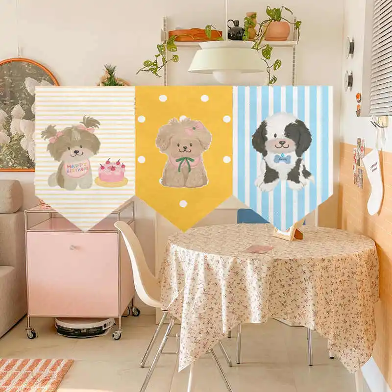 VIKAMA Striped Teddy Puppy Birthday Single Valance Curtain Velcro Punch Free Dining Window Cute Fabric Cover Curtain