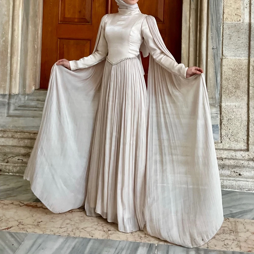 

Women's A-line Evening Dresses Floor-length High-neck Full Sleeve Prom Gown Fashion Crystal Simple Stole Draped Customized Gowns