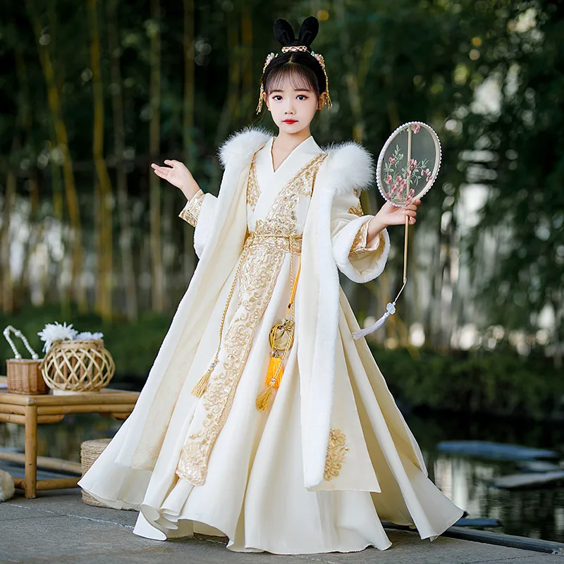 

New Kids Winter Hanfu Children's Ancient Fairy Costume Quilted Dress Baby Tang Suit Chinese New Year Clothing Dress With Coat