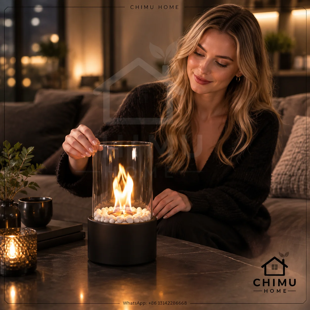 【CHIMU HOME】CH-TF01 Portable Smokeless Tabletop Fireplace with Metal Base and Glass Cylinder for Indoor and Outdoor Use