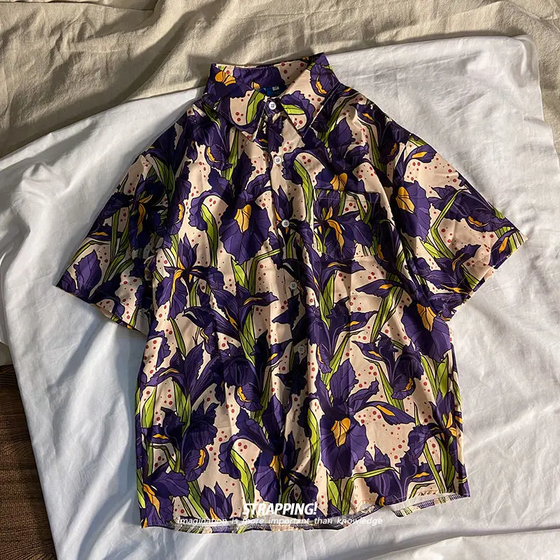 New purple floral short-sleeved floral shirts for men and women Hawaiian vintage Thai and Japanese retro Hong Kong style shirts