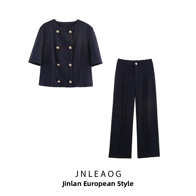 JNLEAOG カジュアルスタイル レディースシャツ ラウンドネック ダブルボタン 半袖 ロングパンツ 秋の新作 ポリエステル繊維 厚手