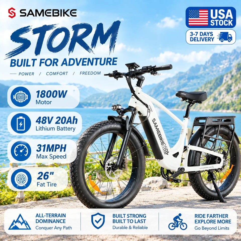 Electric Bike SAMBEIKE 1800W Peak Motor 31MPH 48V 20Ah Battery 26×4.0" Fat Tire Full Suspension Hydraulic Disc Brakes  8-Speed LCD Display Turn Signals 3 Riding Modes Electric Bike for Adults Commuting Mountain Off-Road Snow