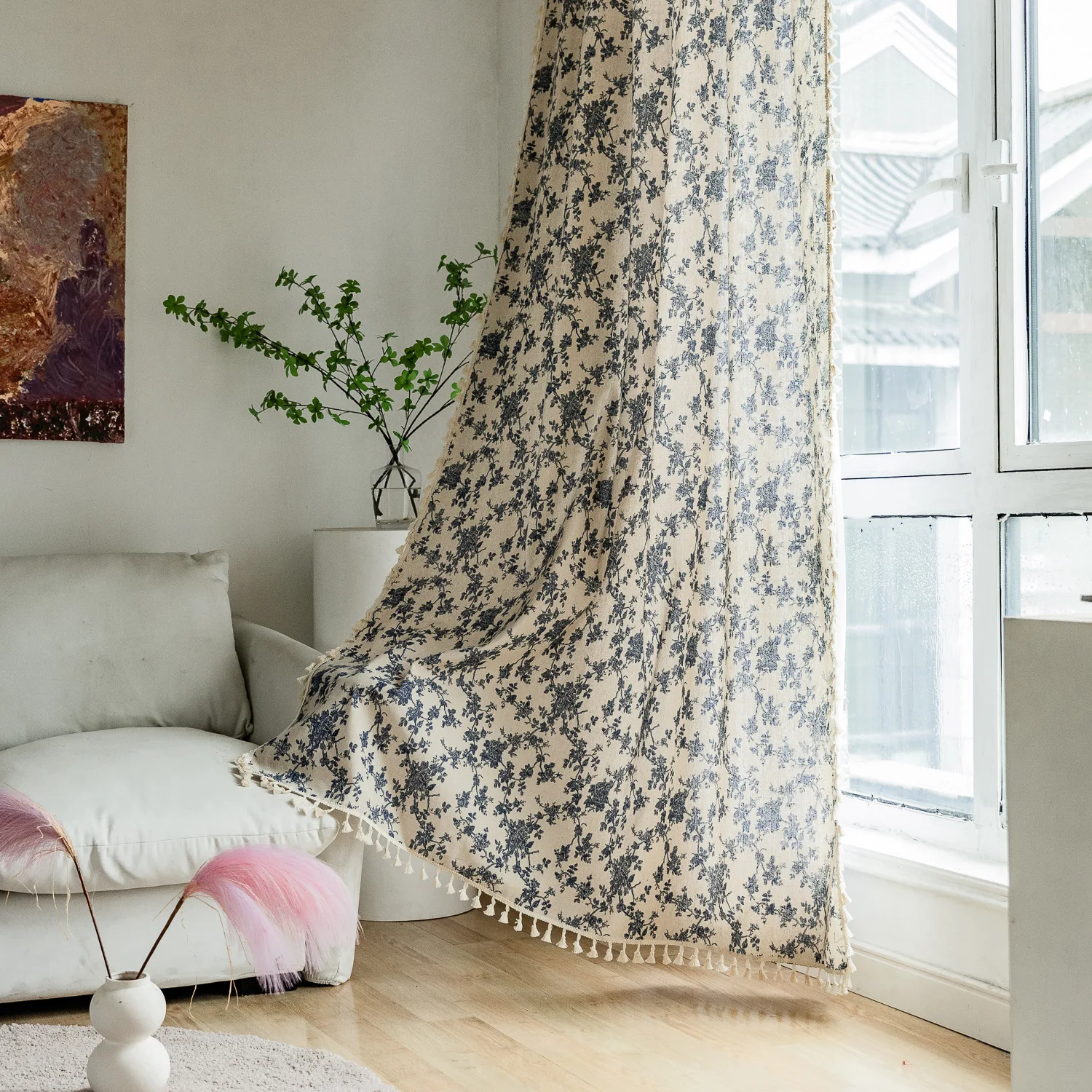 

Cotton Linen Farmhouse Curtain Semi-Blackout Living Room Drapes Bohemian Curtain Panel with Tassel Rod Pocket Bedroom Drape