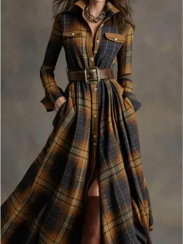 Maxi Shirt Dress Collar Long Sleeve Chest Pockets Self Tie Side Pockets Plaid Outfit For Women Outdoor Travel Vacation Street Retro Stylish Wear
