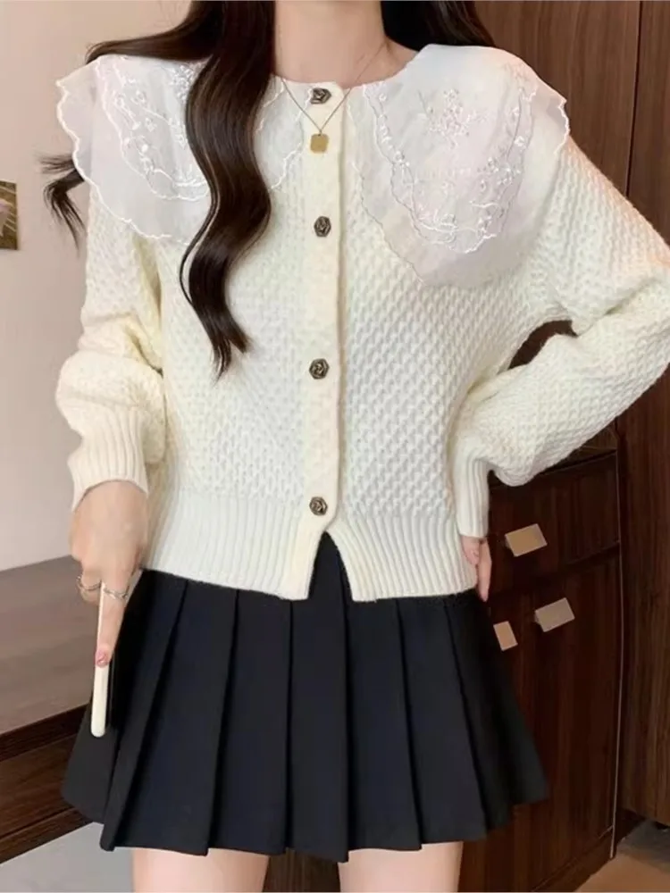 French Peter Pan Collar Knitted Cardigan Autumn Solid New Loose Single Breasted Sweater Coat Female Fashion OverCoat Sweet Top