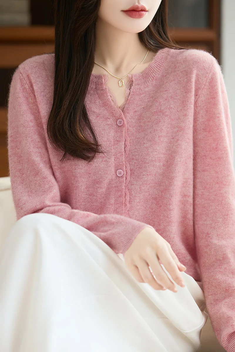 

Женский кардиган из 100% мериносовой шерсти, утепленный свитер с V-образным вырезом, вязаный, с кружевной отделкой, однотонный, с длинным рукавом, повседневный топ для осени и зимы