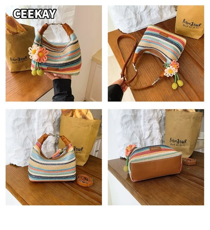 CEEKAY Bolso de hombro para mujer, bandolera de paja tejida colorida, correa de cuero PU, colgante de flor, informal, para verano y playa