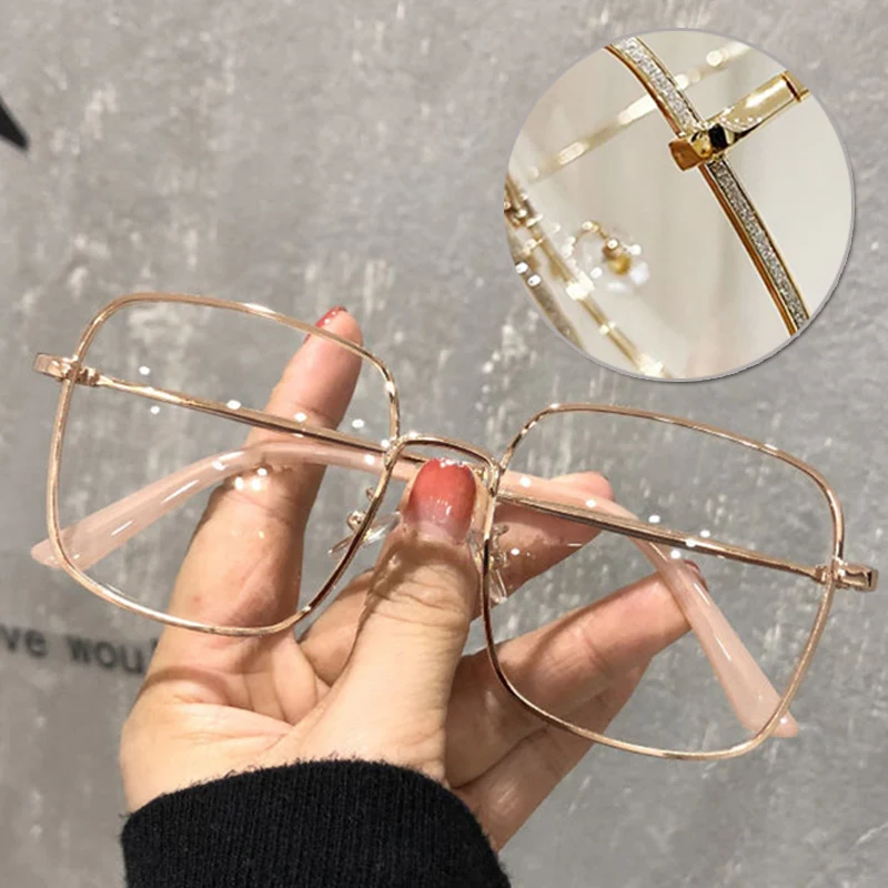 Fashion Metal Big Square Frame Anti Blue Light Glasses Gold Silver Black Lens Glitter Flat Glasses Eye Production Plain Glasses