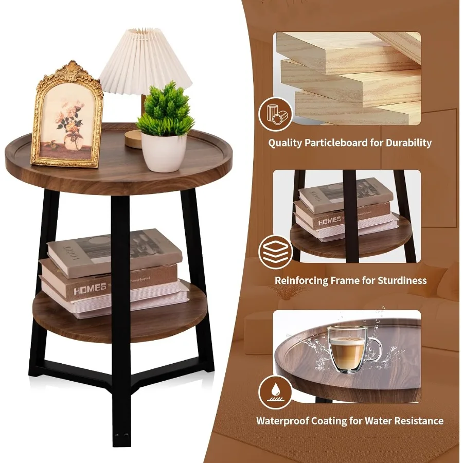 Mesa lateral redonda de 2 camadas para sala de estar pequena mesa de cabeceira de madeira com prateleira de armazenamento 19,5 polegadas círculo ac