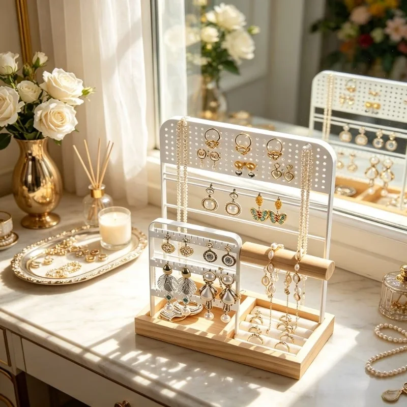 Premium Metal Wood Accessory Display Rack,Multi-Functional Jewelry Organizer Stand for Rings,Earrings Small Additions,Home Dress