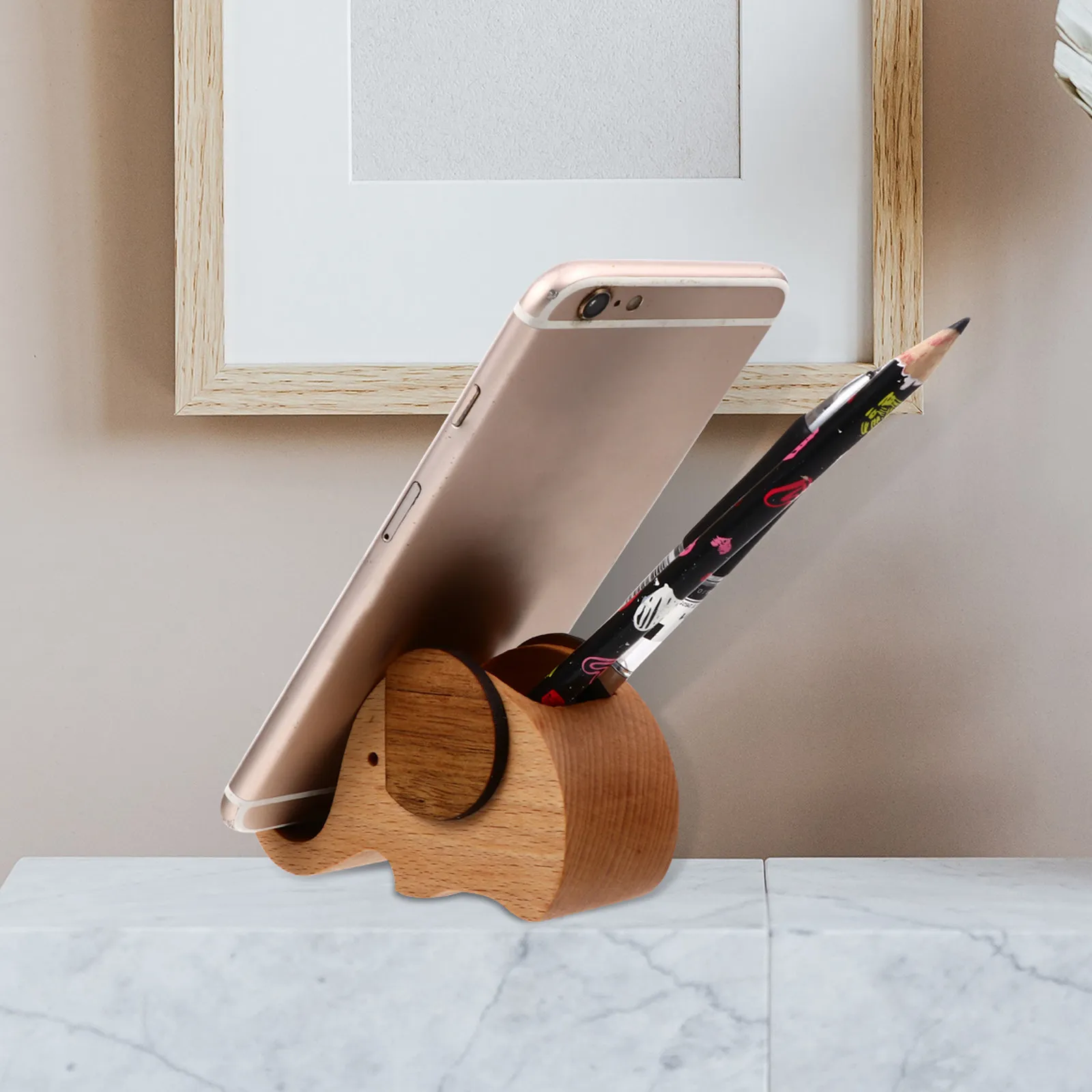 1Pcs Natural Wood Elephant Phone Stand Desktop Bracket for Cell Phones Tablets Pen Holder Free Hands Video Watching Work Study