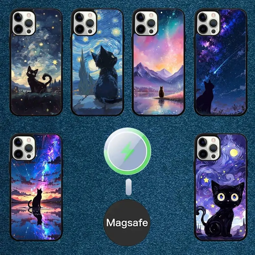 

Artistic Black Cat Starry Night Phone Case For iPhone 16,15,14,13,12,11,Plus,Pro,Max Mini Magsafe Magnetic Wireless Charging