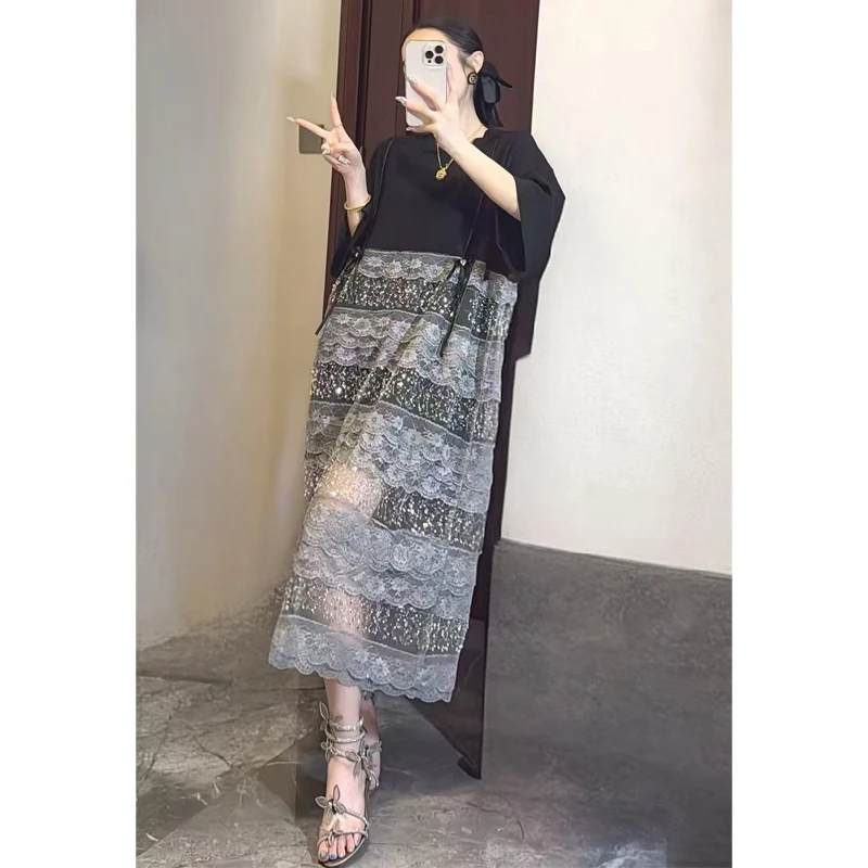 2025 ฤดูร้อนใหม่ผู้หญิงElegantหลวมลูกไม้ยาวเสื้อยืดหญิงแขนสั้นชุดขายส่งJ2006