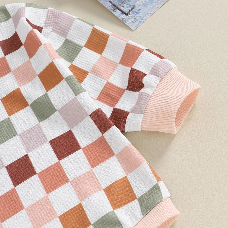 

Baby Girls Crew Neck Romper Long Sleeve Checkerboard Print Casual Sweatshirt Romper