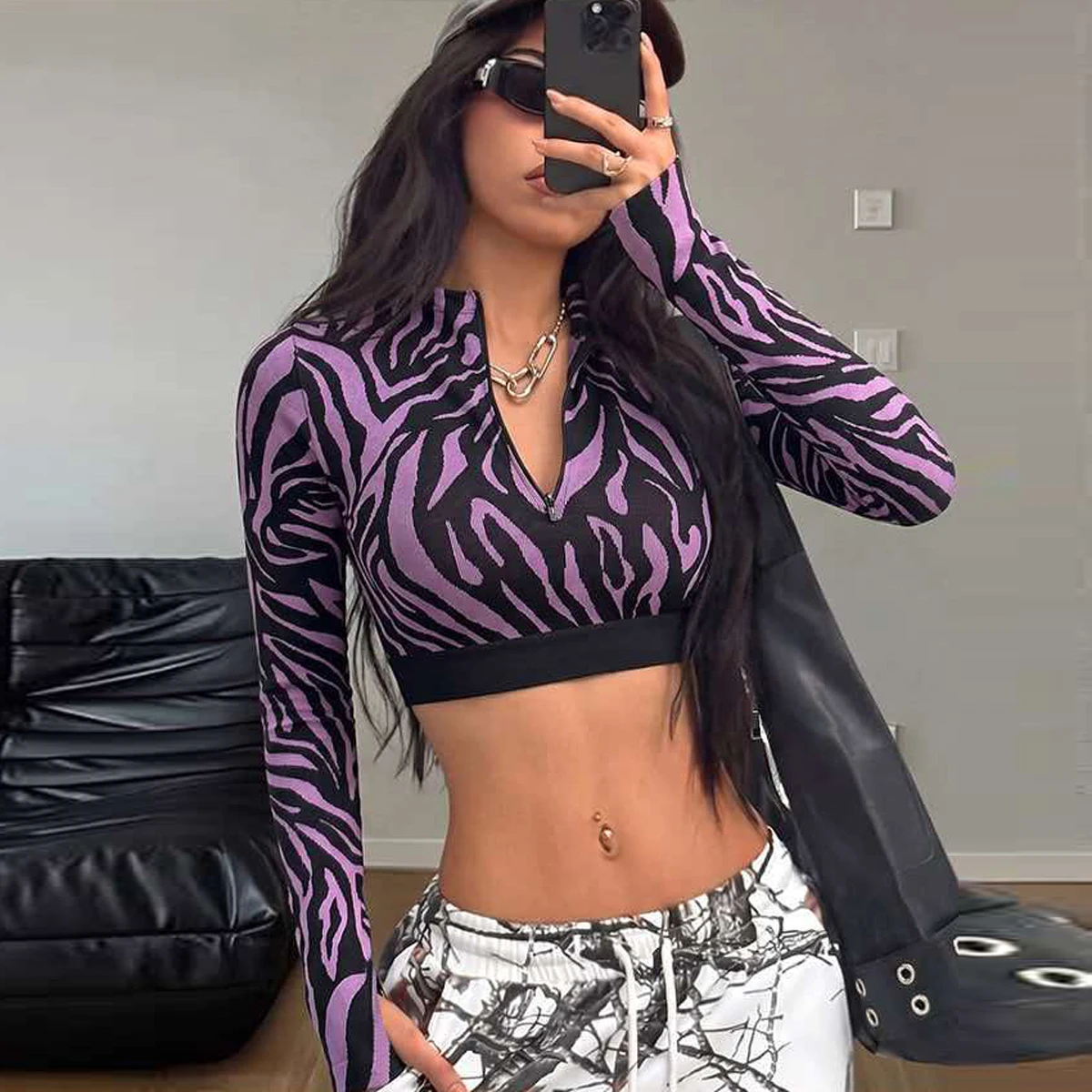 Women Zebra Print Half Zip Long Sleeve Workout Gym Crop Top Slim Fit Stand Collar Knit T-shirt Purple Cropped Tee Streetwear